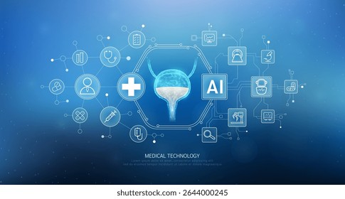 Human bladder translucent with medical network icons on blue background. Artificial intelligence (AI) in health care technology. Innovation in digital health smart medical diagnostics. Vector. 