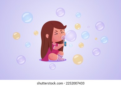 Human blow soap bubbles. Doodle air ball. Fly drop. Little girl. Colorful spheres. Water game. Funny child playing. Joyful activity. Childhood happiness. Vector vintage recent illustration