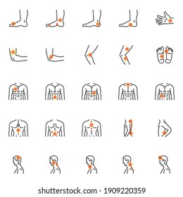 Human body ache line icons set. linear style symbols collection, outline signs pack. Body pain and injury vector graphics. Set includes icons as headache, sore throat, spine pain, knee joint injury 