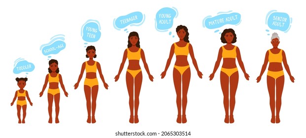 The human body aging process. A female person aging, getting old. Woman anatomy. Growth of people's bodies. A vector cartoon illustration.