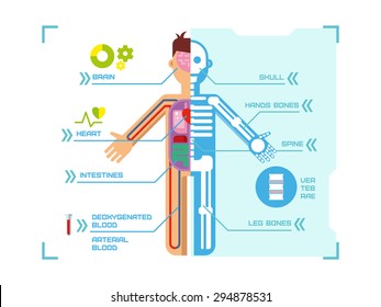 Human Body Anatomy Infographic Design On Blue Background Concept Flat Vector Illustration.