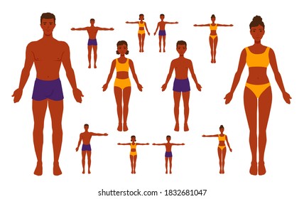 Human body anatomy. A man, a woman, a girl, a boy. Family in underwear, one arm raised, both arms spread out. A mannequin, dressmaker's model. A vector cartoon illustration.