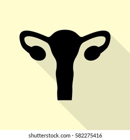 Human Body Anatomy Uterus sign. Black icon with flat style shadow path on cream background.