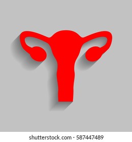 Human Body Anatomy Uterus sign. Vector. Red icon with soft shadow on gray background.
