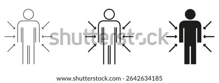 Human Body With Arrows Icon Set. Pressure, Stress, And Influence Representation Outline And Silhouette Symbol Collection. Concept Of External Forces And Impact. Isolated Vector Illustration.