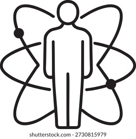 Cuerpo humano con el icono atómico de la línea de la estructura para la Ilustración vectorial de biología molecular