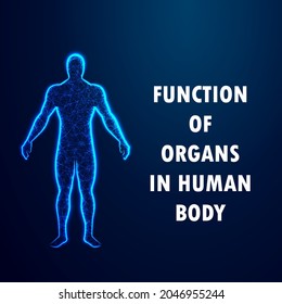 Human body blue glowing on dark blue background with its function flat concept design