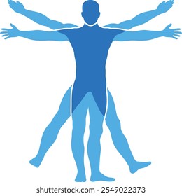 Human body blue symbol. Vitruvian man silhouette