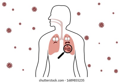 Human body with cartoon unhealthy lungs and virus cells over white background. 2019-nCov novel coronavirus concept. Human respiratory system with unhealthy internal organ. Asian flu outbreak symbol. 