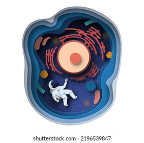 Human Body Cell And Astronaut Vector In Paper Cut Style. Cosmonaut Surfing In Body-cell Space With Membrane And The Nucleus Illustration. Microbiology And Biotechnology Science Concept