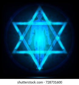 Human Body In The Center Of The Hexagram. As Above Sacred Geometry Or Hermeticism. Esoteric Style Vector Illustration.