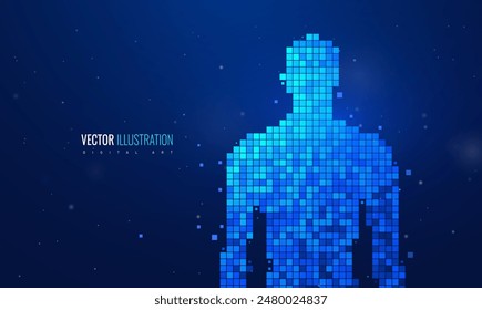 Human body digital tech in futuristic style. Concept with neon blue pixels on a dark background. Illustration showcases a modern and innovative approach to digital anatomy and human technology. Vector