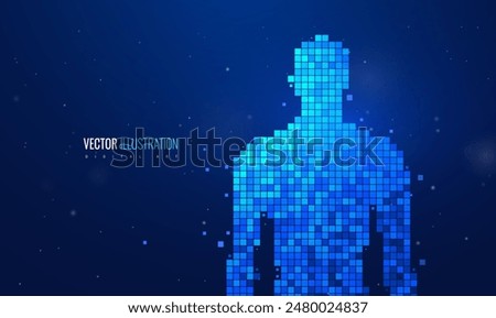 Human body digital tech in futuristic style. Concept with neon blue pixels on a dark background. Illustration showcases a modern and innovative approach to digital anatomy and human technology. Vector