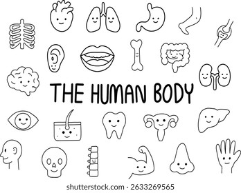Human body element hand drawn outline collection of cute anatomical drawings.