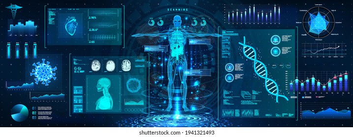 Human body examination in HUD style. Modern healthcare with body scan (Anatomy, Dna formula, Ecg monitor, data organs, X-ray, Statistic and Diagrams) Medical human diagnostic HUD. Vector illustration