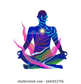 Human body figure yoga and meditation in nature design in acid bright colors.Indian zen esoteric peaceful scene in blue acid color, with person yoga lotus position, with sun heart chakra. 