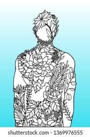 Human body flower blue background spirit power energy vector abstract art illustration design hand drawn