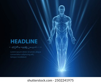 Human body halogram in rays. Digital anatomy, Medical technology, Muscle structure, Health innovation, 3D model, DNA biotechnology, Body system, Science medicine, Healthy anatomy concept