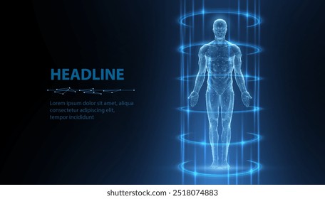 Halograma do corpo humano em raios. Anatomia digital, Tecnologia médica, Estrutura muscular, Inovação em saúde, Modelo 3D, Biotecnologia do DNA, Sistema corporal, Medicina da ciência, Conceito de anatomia saudável