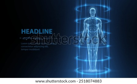 Human body halogram in rays. Digital anatomy, Medical technology, Muscle structure, Health innovation, 3D model, DNA biotechnology, Body system, Science medicine, Healthy anatomy concept