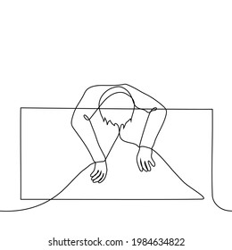 human body hanging from the wall - one line drawing. upper part of the body (torso) of a person hangs on the fence, head down, arms are relaxed. concept of fatigue, exhaustion on the way to the top