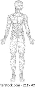 Human body with head and limbs low poly geometric. Outline of man made of black lines and dots. Polygonal human profile modern 3D volumetric image. Body silhouette isolated on white background