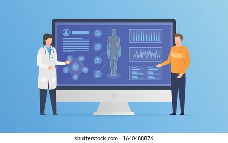 human body health analysis with doctor and patient consultation with modern infographic modern flat style