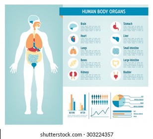 Human body health care infographics, with medical icons, organs, charts, diagrams and copy space