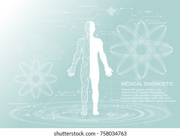 Human body health care, with medical icons, organs, charts, diagrams and copy space.