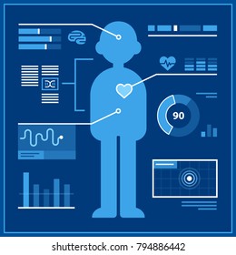 Human Body Health Monitoring Infographic Elements Vector Illustration. Man Silhouette And Electronic Data Charts.