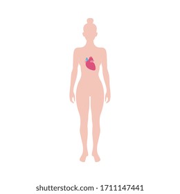 Human body with heart inside - medicine diagram of standing woman with internal organ showing through. Flat isolated vector illustration on white background.