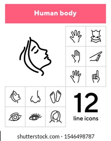 Human body line icon set. Face, hand, eye. Health concept. Can be used for topics like healthcare, weight, gesturing