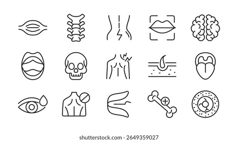 Human Body linear icon set. Organs, body parts, skeleton parts, pictograms, joint, knee, x-ray, arthritis, autoimmune, gout, inflammation line icon set. Ui thin line icon pack.