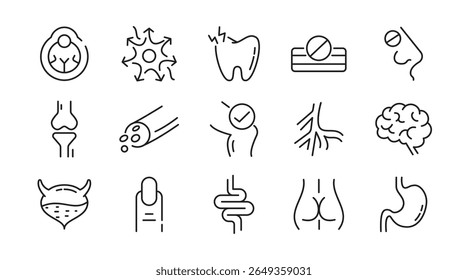 Human Body linear icon set. Organs, body parts, skeleton parts, pictograms, joint, knee, x-ray, arthritis, autoimmune, gout, inflammation line icon set. Ui thin line icon pack.