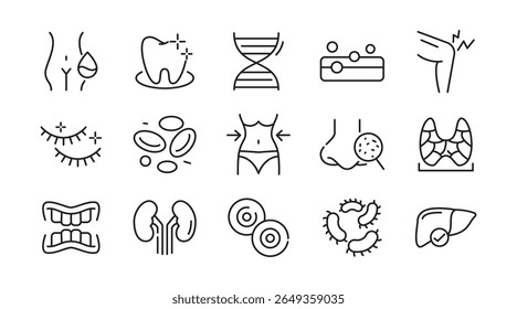 Human Body linear icon set. Organs, body parts, skeleton parts, pictograms, joint, knee, x-ray, arthritis, autoimmune, gout, inflammation line icon set. Ui thin line icon pack.