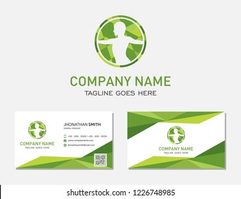 human body logo design and modern geometric business card with polygonal background. green color. 