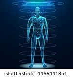 Human body low poly wireframe. Low poly wireframe mesh with scattered particles and light effects on dark background.