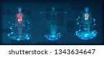 Human body low poly wireframe. Futuristic scan set, human hologram, body x-ray, 3d model in HUD style. Polygonal wireframe mesh with scattered particles and light effects on dark background. Vector 