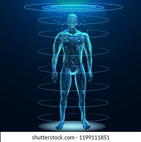 Human body low poly wireframe. Low poly wireframe mesh with scattered particles and light effects on dark background.