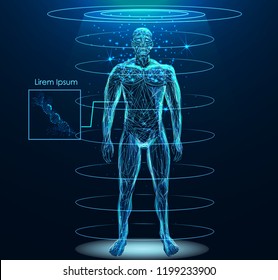 Human body low poly wireframe. Low poly wireframe mesh with scattered particles and light effects on dark background.