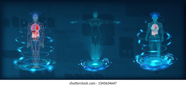 Human body low poly wireframe. Futuristic scan set, human hologram, body x-ray, 3d model in HUD style. Polygonal wireframe mesh with scattered particles and light effects on dark background. Vector 