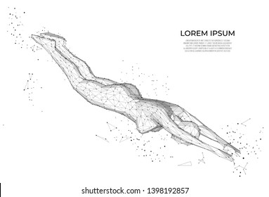 Human body low poly wireframe. Woman Jumping Diving in Swimming Pool. Vector polygonal image. Polygonal wireframe mesh art, poly low. human anatomy
