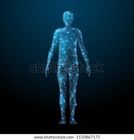 Human body low poly wireframe. Vector polygonal image in the form of a starry sky or space, consisting of points, lines, and shapes in the form of stars with destruct shapes.