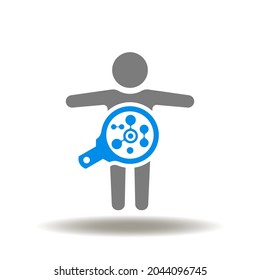 Human body with magnifier and stomach molecule vector illustration. Metabolism exam icon. Metabolic syndrome research symbol.