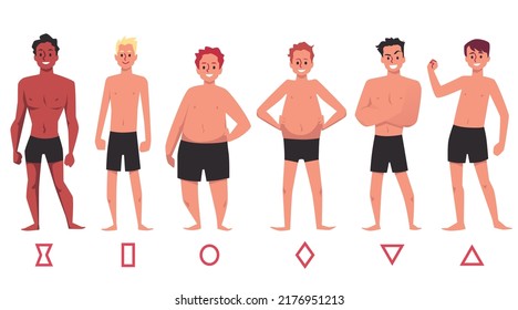 Human body and male figures types set, flat vector illustration isolated on white background. Male body types infographic collection with human characters.