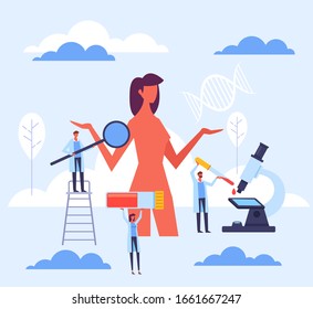 Human body medical researching exam examination health care concept. Vector flat graphic design illustration