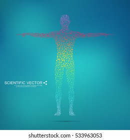 Human body with molecules DNA. Scalable vector graphics. Medicine, science and technology concept. Abstract background.