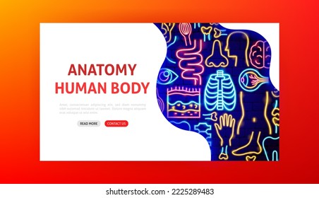 Human Body Neon Landing Page. Vector Illustration of Medical Science Symbol.