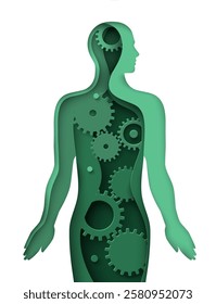 Human body organism work process paper cut craft vector illustration