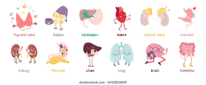 Human body organs character set in funny cartoon style. Useful medical poster. Landscape banner. Editable vector illustration isolated on a white background. 